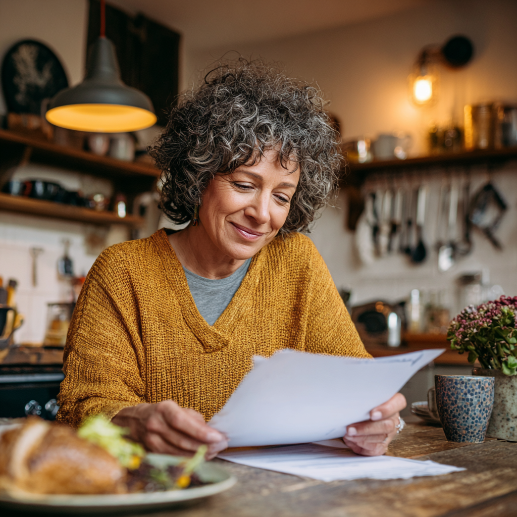 middle-aged woman reviewing personalized meal planning documents while sitting at kitchen table