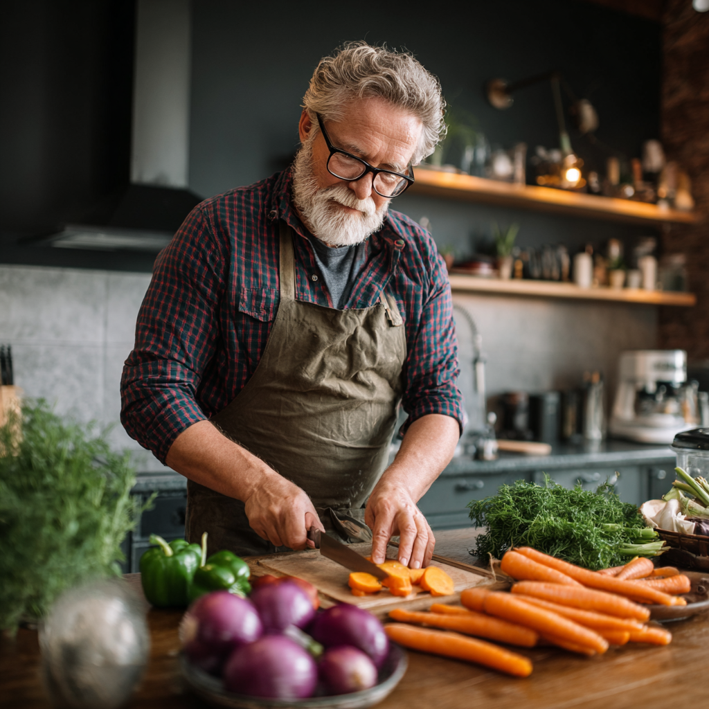 senior man preparing fresh vegetables according to personalized nutrition plan in modern kitchen
